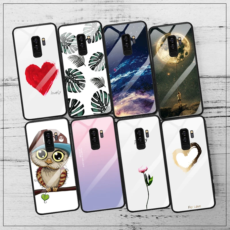 Trendy Owl Heart Space Gradient Pattern Tempered Glass Case For Samsung Galaxy S9 S8 Plus Note 8 Cover Coque Fundas |