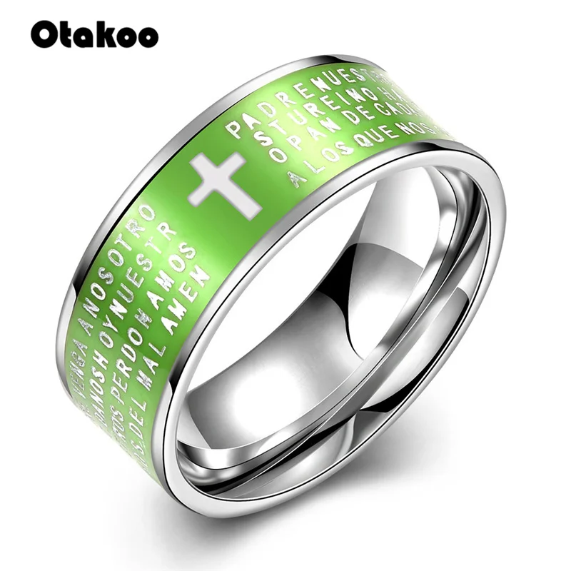Мужское кольцо с выгравированным крестом Otakoo зеленое из нержавеющей стали