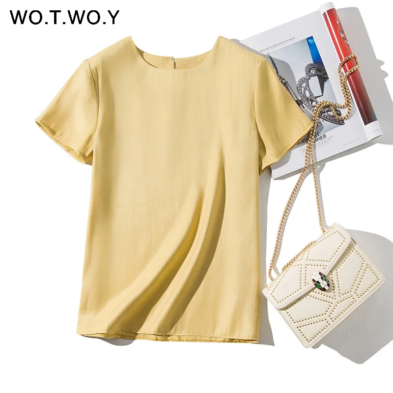Yellow WOTWOY Кнопка яркие тканые футболки женские летние Повседневное тонкий хлопок футболка с короткими руками женские цвет: желтый, белый; о до образный вырез; - Цвет: Yellow