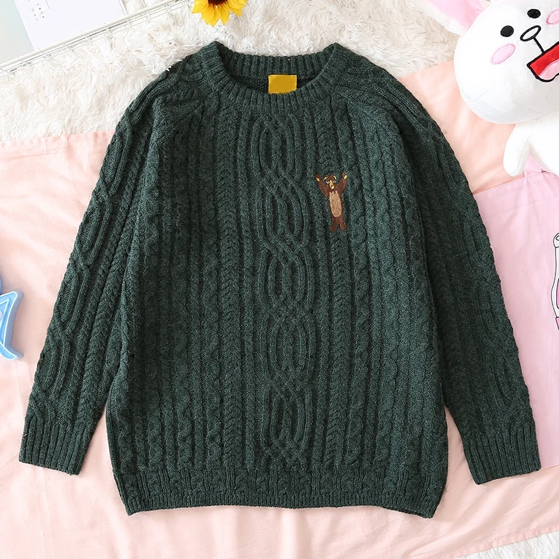 Vintage Sweaters O Neck Bear Embroidery Casual Autumn Winter Knitted Pullover Long Sleeve Thick Warm Sweater 2017 New Design | Женская