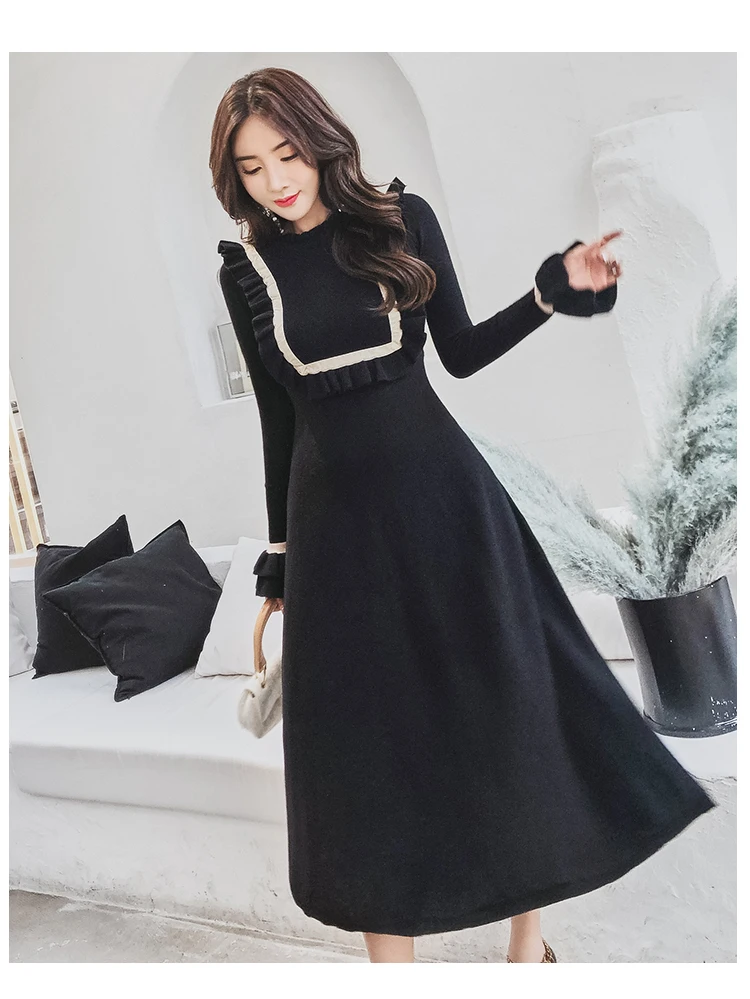 Новое модное осенне зимнее дамское трикотажное платье 2018 винтажное с длинным