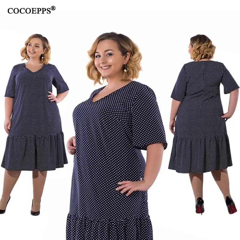 2019 New Fashionable Patchwork Summer Dresses For Women Big Size Polka Dot Office Dress Plus Casual Vestidos | Женская одежда