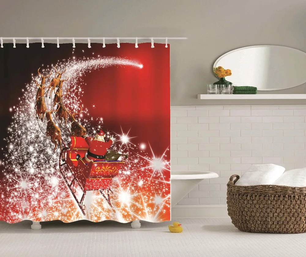 

Cool Red Santa Claus Elk Sleigh Ride Shower Curtain Funny Merry Christmas Bathroom Curtains for Kids Creative Christmas Gifts