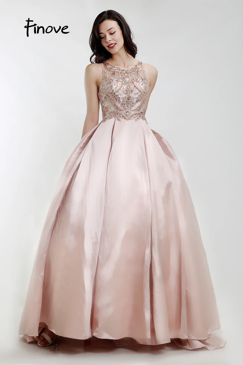 Finove Роскошные платья для выпускного вечера цвета шампанского, Robe de soiree, с круглым вырезом, с бисером, без рукавов, трапециевидные вечерние платья для женщин