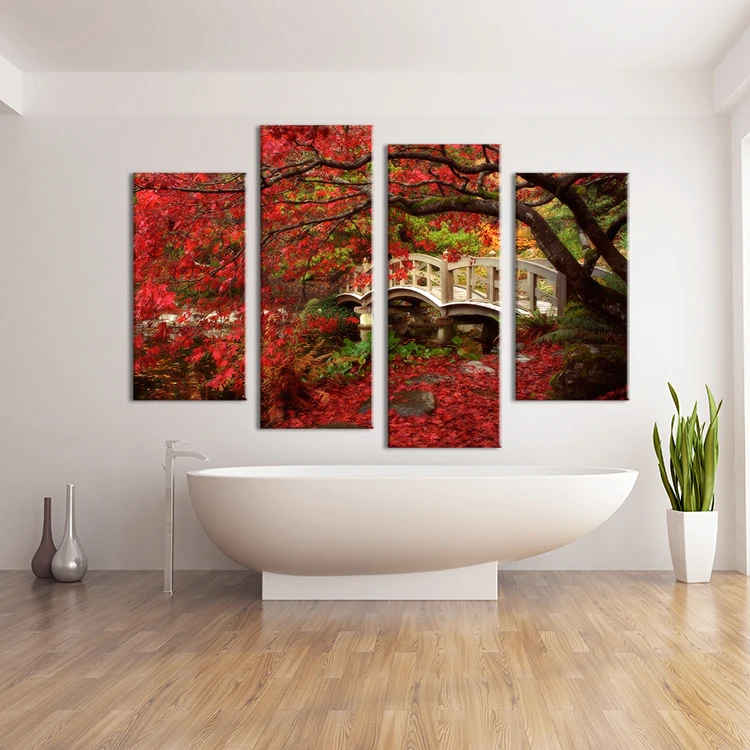 4 шт. красный лист дерева на земле настенная живопись Печать холсте для домашнего