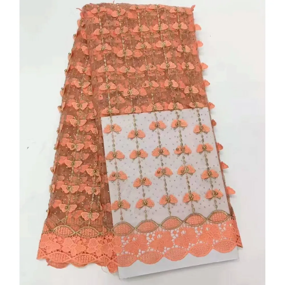 Африканский Кружево Ткань S 5 ярдов Hand Made жемчуг бисером 3D французского фатина