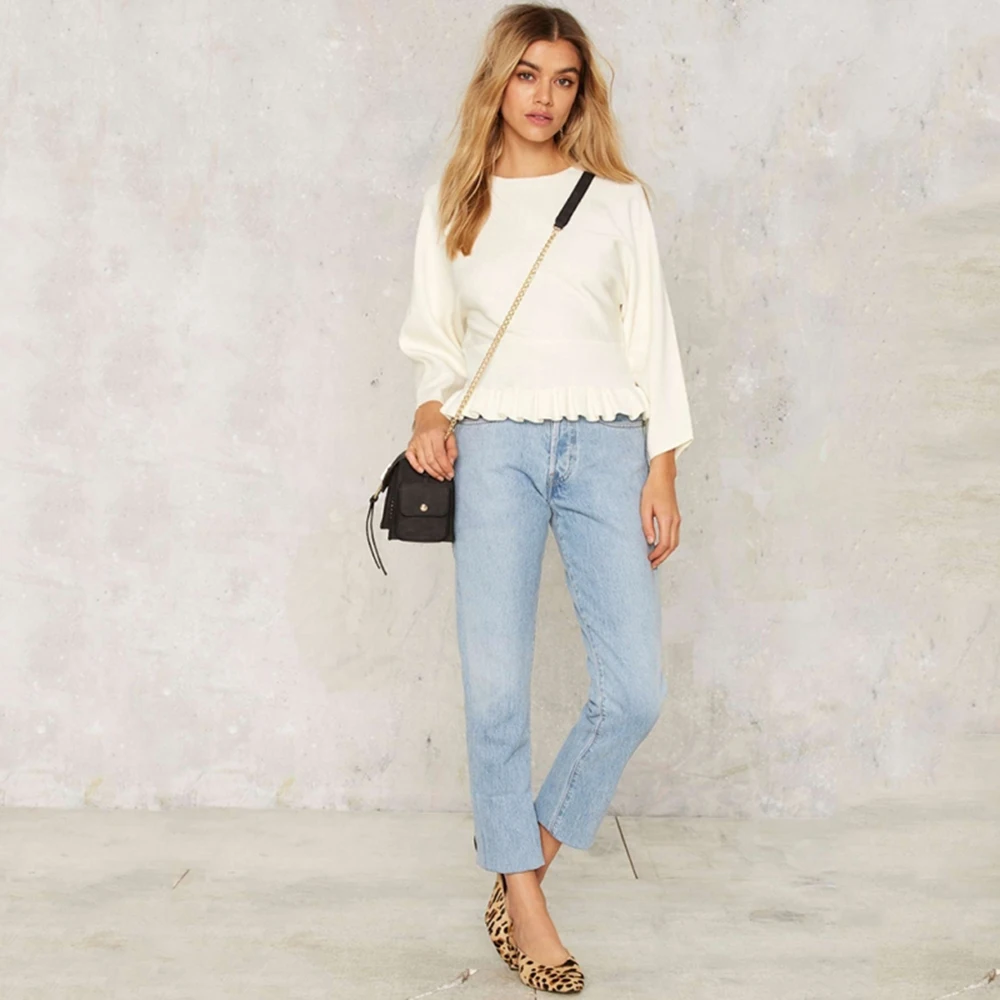 HDY Haoduoyi Solid White Women Sweaters Crew Neck Long Sleeve Ruffle Waist Brief Tops Streetwear Casual Sweet | Женская одежда