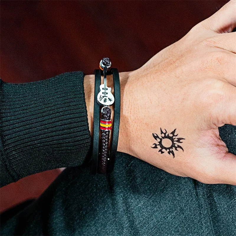 V.YA New Style Guitar Black Bracelet For Male Stainless Steel Braided Multilayers PU Leather Adjustable Bangle Men | Украшения и