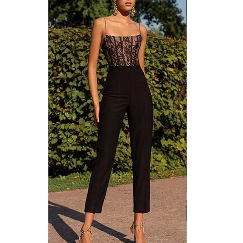 

Women Casual Lace Sleeveless Camis Wide Leg Pants Jumpsuit Ladies Sexy Solid Lace Evening Party Long Playsuit 2019 New