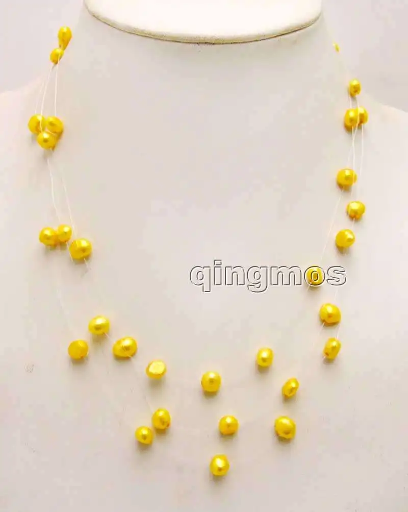 

6-7mm Gold BAROQUE Natural Freshwater Pearl 3 Strands 18" Starriness Necklace-nec6180 Wholesale/retail Free shipping