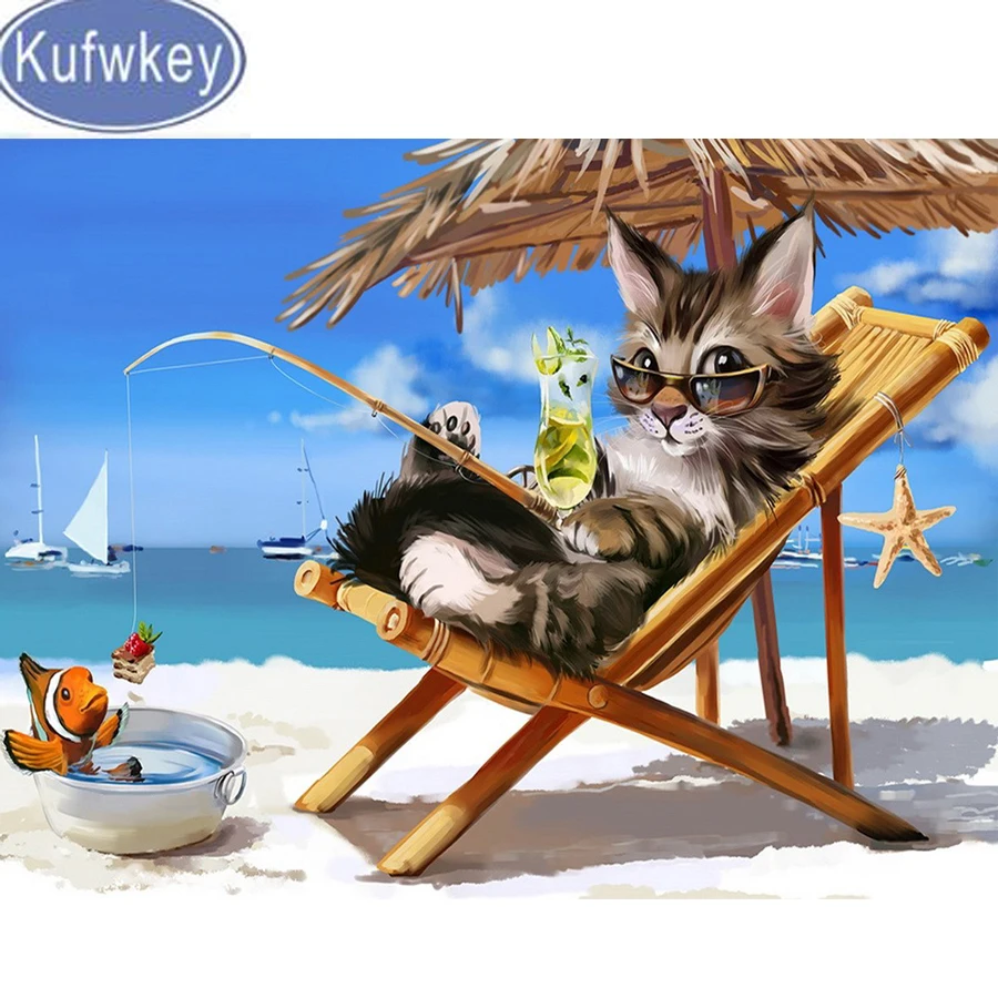 Животные Алмазная с вышивкой в виде кота Одежда для пляжа рыбалка 5D diy вышивка