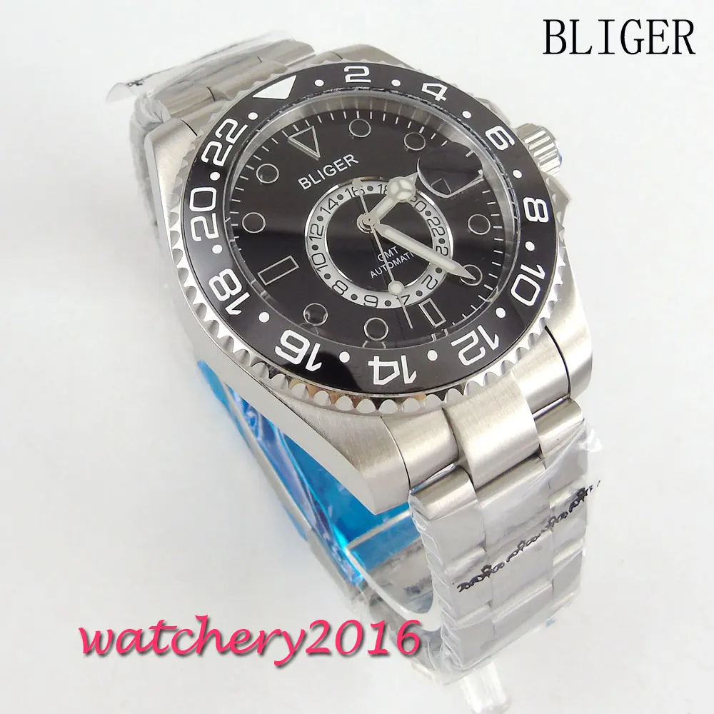 

43mm Bliger Black Dial Sapphire Glass GMT Ceramic bezel Automatic Movement men's Watch
