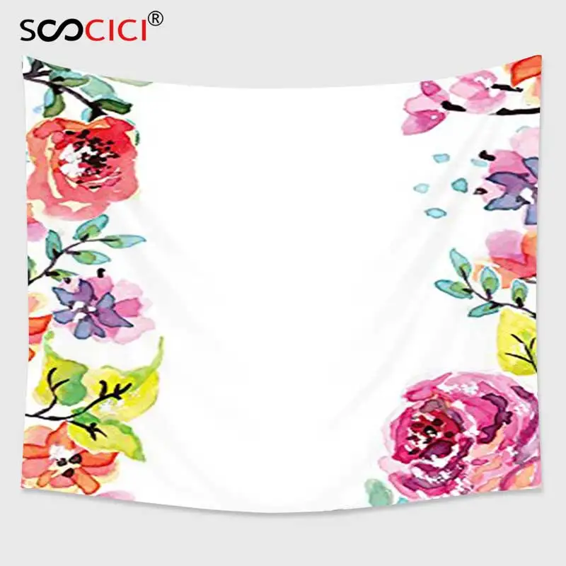 

Настенный Гобелен Cutom, украшение с акварельными цветами, коллекция цветов, рамка с летними цветами, розы, естественное изображение, розовый, темно-синий