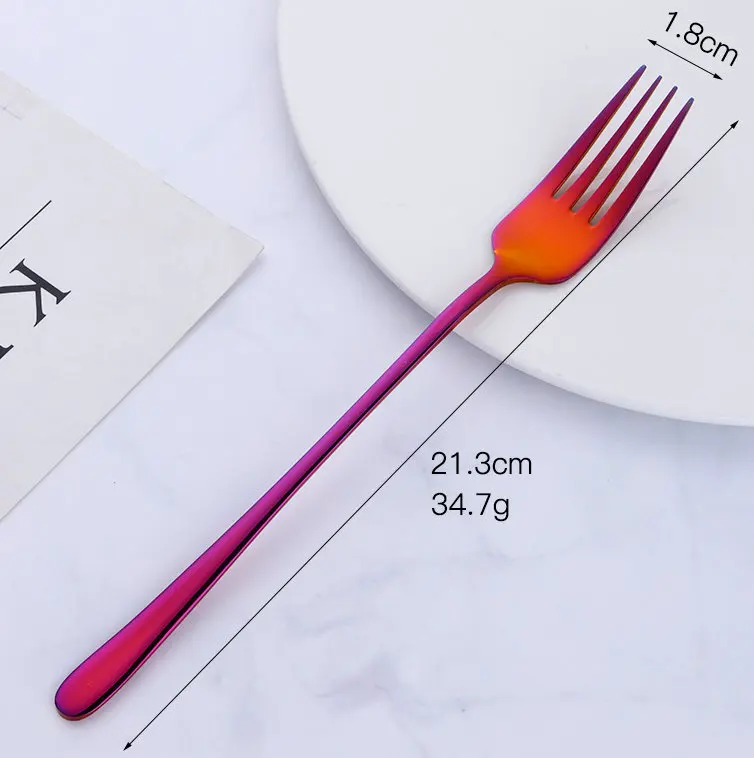 rainbow red 7pcs Горячее предложение, 7 шт./1 лот, Корейская нержавеющая сталь, столовая вилка, зеркальная полировка, с длинной ручкой, Десертная Вилка для десерта, салата, цветная посуда - Цвет: rainbow red 7pcs