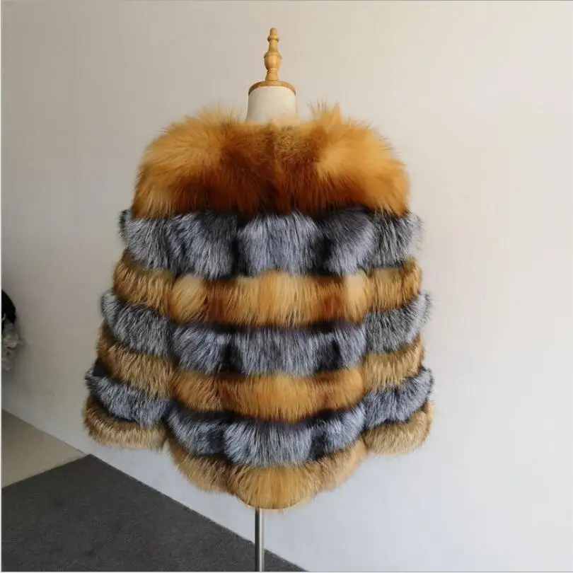 

Natural silver fox fur coat for woman real red fox fur jacket 70cm length luxury pacthwork winter warm russian coat of fur C168