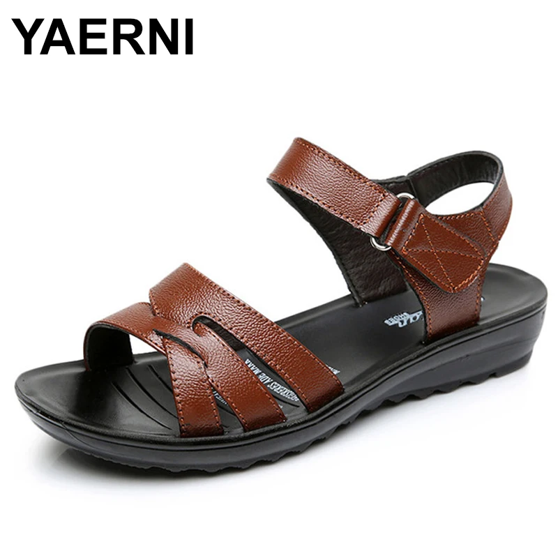 

Женские босоножки из натуральной кожи YAERNI, винтажные сандалии на плоской подошве с ремешком на щиколотке, модная повседневная мягкая обувь ...