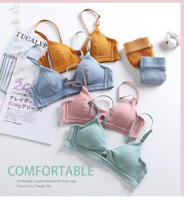 Solid Striped Bra Set Macarons Colours Comfortable Cotton Bra For Small Boobs Flat Breast Wireless Women Lingere