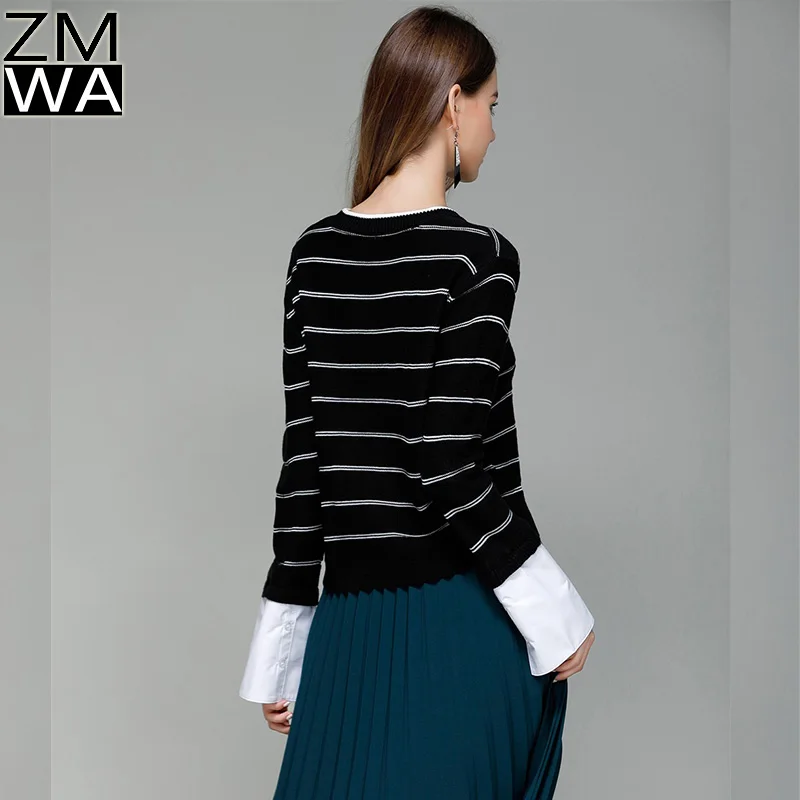 Classic College style design striped black and white sweater loose casual chic long sleeve shirt cuff knit | Женская одежда