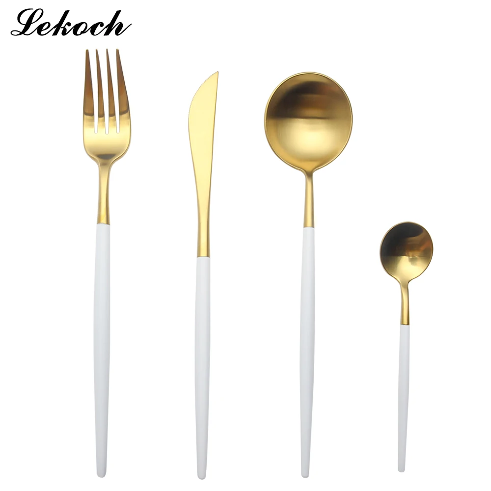 LEKOCH 4 шт 18/10 Нержавеющая сталь Черный Набор Посуды Золотой набор столовых