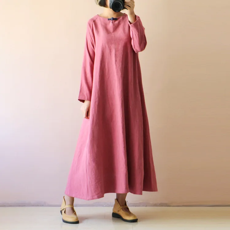 Spring Autumn New Original Design National Wind Solid Color Cotton Dress Long Section Large Size Retro Plate Button | Женская одежда