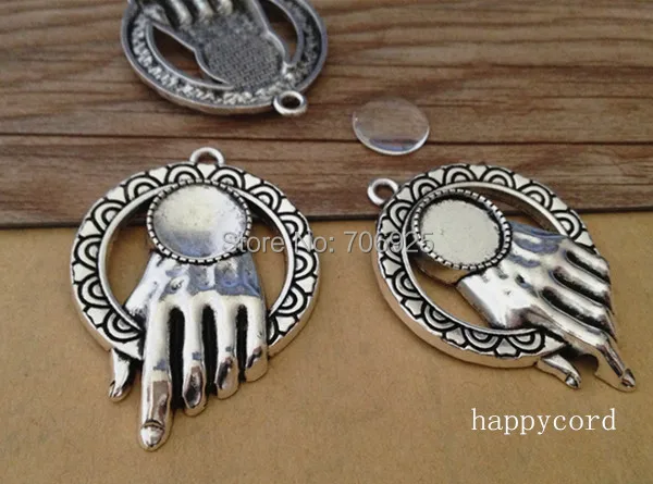 

8set/lot Antique silver hand Pendant tray Base with glass14mm