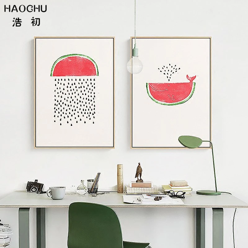 HAOCHU акварель японский мультфильм Фрукты Арбуз Кит Холст Картина плакат