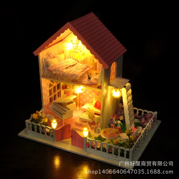 3D DIY Розовый вилла с сад деревянный большой кукольный дом Мебель игрушки Модель