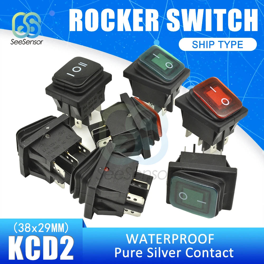 

Waterproof KCD2 Push Button Switch SPST 4Pin 6Pin 20A/125V 15A/250V On/Off Boat Rocker Switch 38x29mm Pure Silver Contact