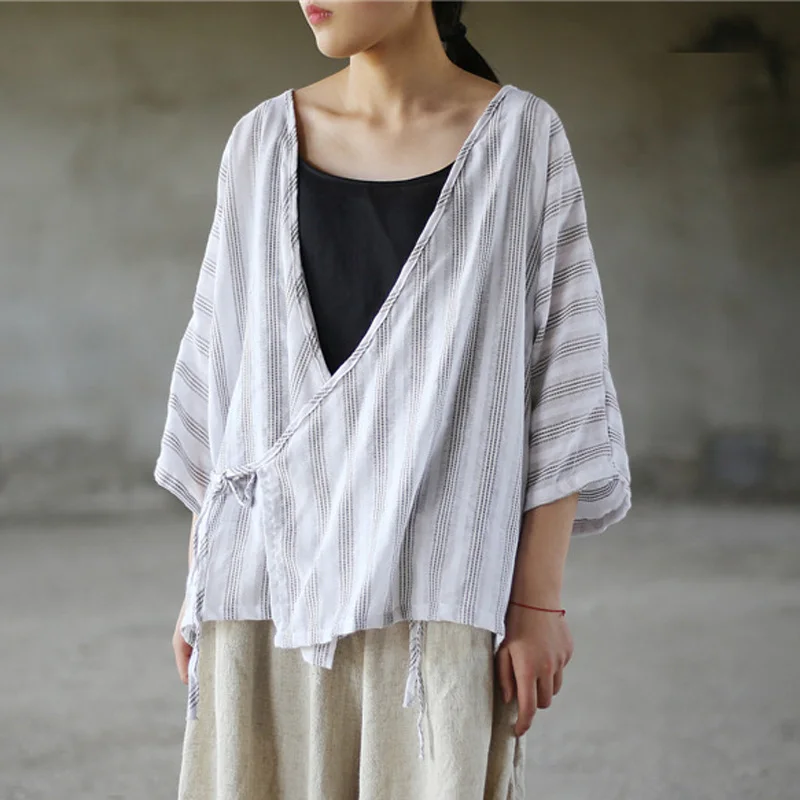 SCUWLINEN 2019 женская летняя куртка винтажная Классическая в полоску v образный вырез