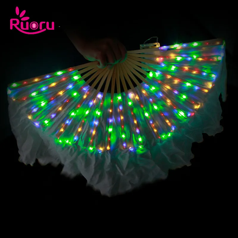 

Ruoru 100% Silk One Pairs = 2 Pieces Belly Dance Led Fans Veil LED Belly Dance Silk Fan Veil Rainbow White Dance Props Costumes