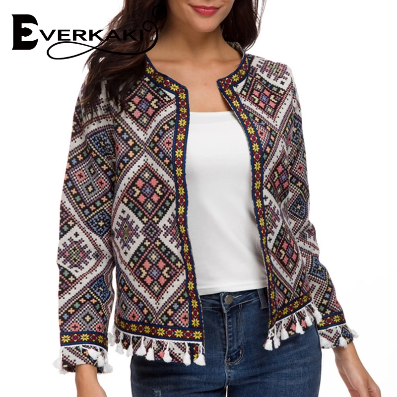 Everkaki Boho Женская куртка с принтом пальто кисточками клетчатая модная