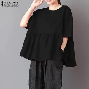 2021 ZANZEA Лето для женщин в винтажном стиле; Модная Длинная блузка свободные топы с короткими рукавами и мешковатые брюки карго хлопковые льняные Blusas сплошной Повседневная рубашка размера плюс