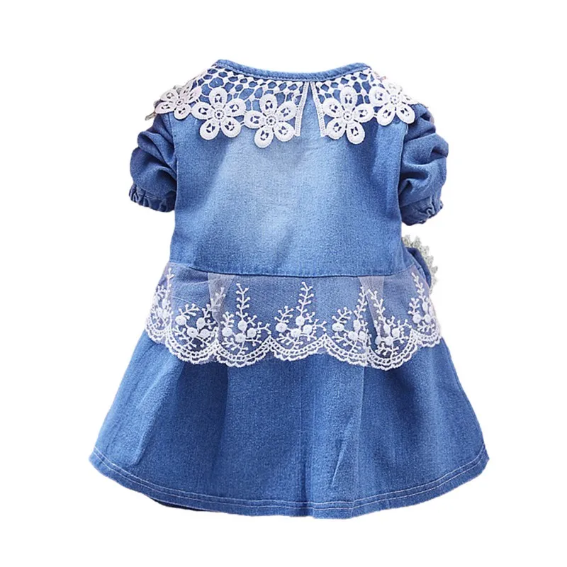 Bowknot Long Sleeve Dresses Mesh Denim Patchwork Lace Dress Autumn Kids Baby Spring Children | Детская одежда и обувь