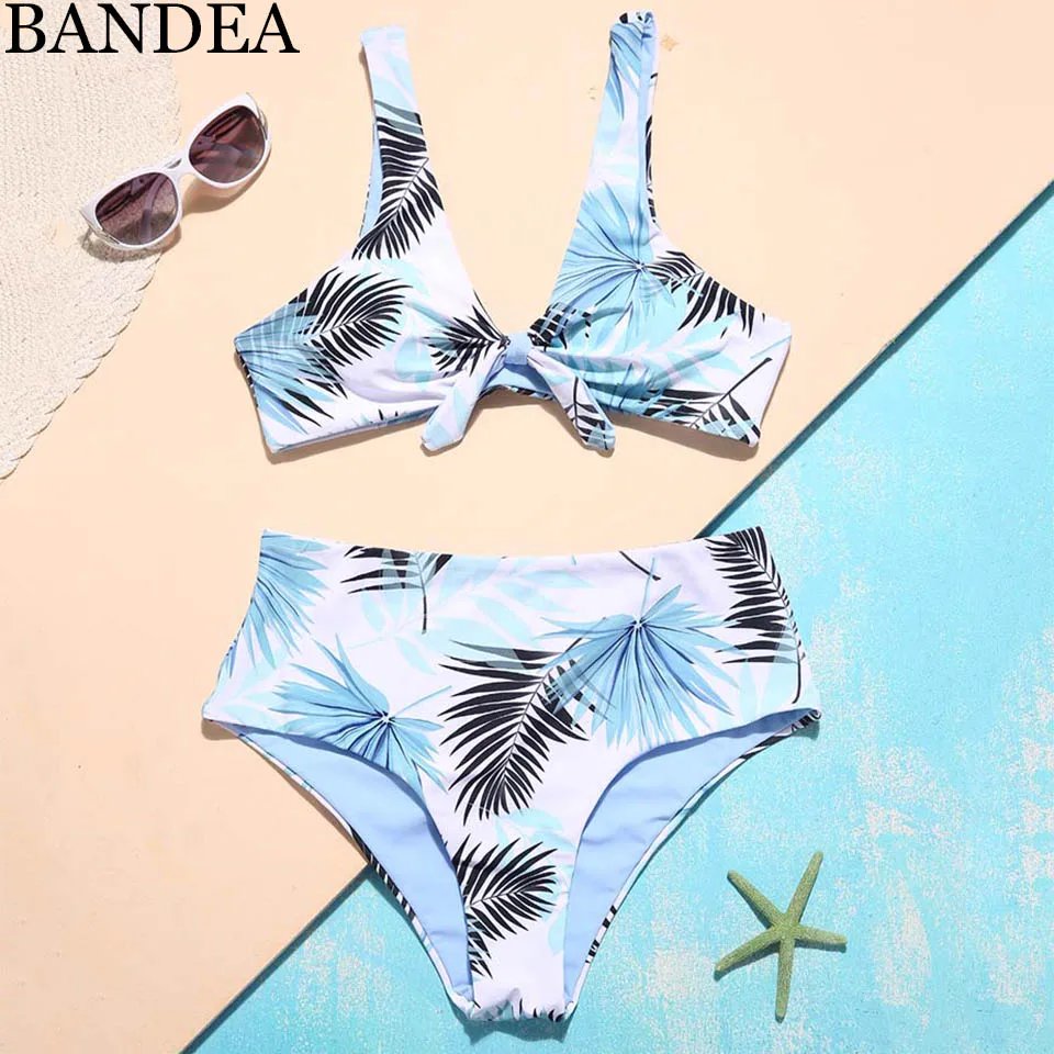 BANDEA High Waist Swimsuit Women Swimwear Print Biquinis Front Tie Swimming Suit Padded Bikinis Bather Bikini 2019 |