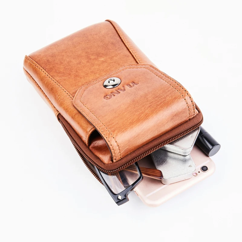 

Men Genuine Leather Hip Bum Fanny Waist Pack Bag Loop Purse Business Male Oil Wax Cowhide Hook Belt Pack Cell Phone Case Bags