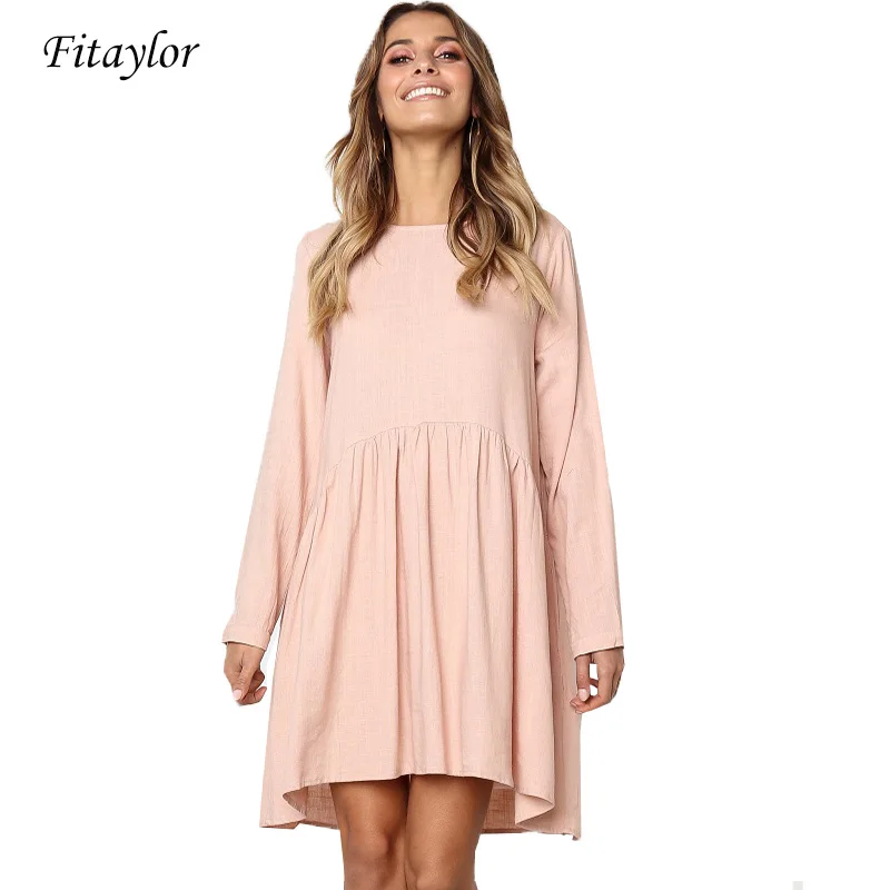 Женское Короткое платье Fitaylor хлопковое с круглым вырезом и длинным рукавом на