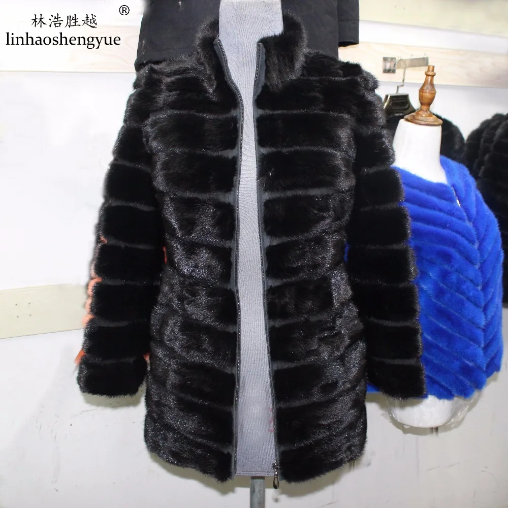 Linhaoshengyue    long 70cm  sleeve long 60cm fashion winter fur coat  Real fur mink fur women coat with collar