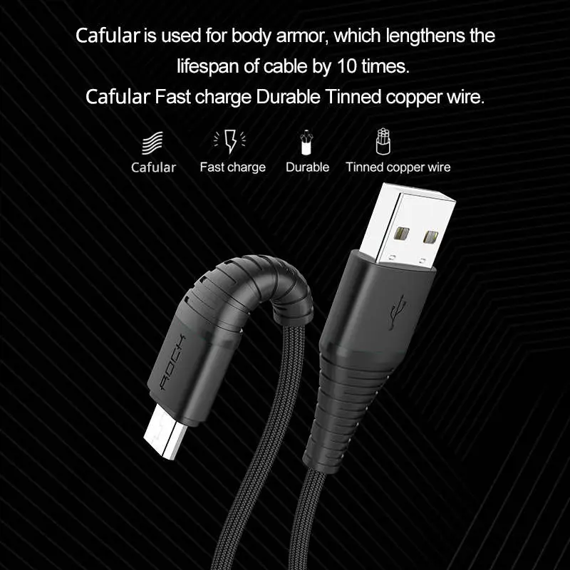 Update Strong Black ROCK Micro USB кабель для Xiaomi Redmi 4X Note 4 5 для Samsung Hi-tension передачи данных Кабо зарядный кабель - Цвет: Update Strong Black