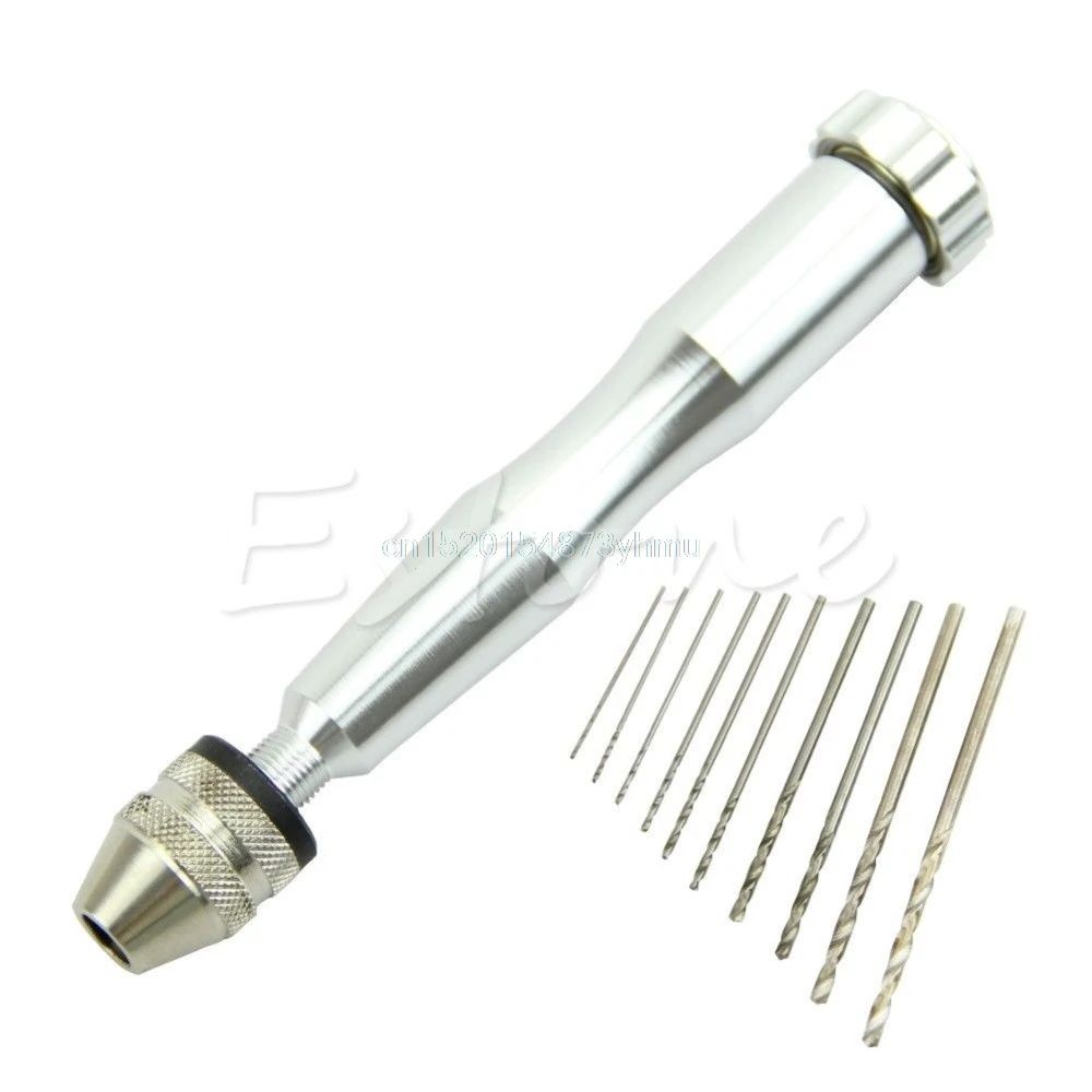 

New Mini Micro Aluminum Hand Drill Drilling With Keyless Chuck +10 Twist Drills Bits #L057# new hot