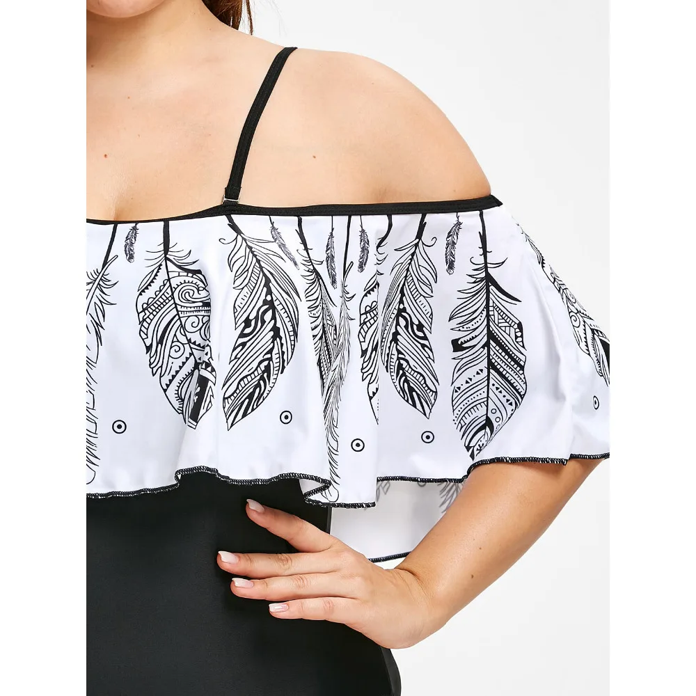 ZAFUL размера плюс женский купальник с принтом перьев открытыми плечами Купальник