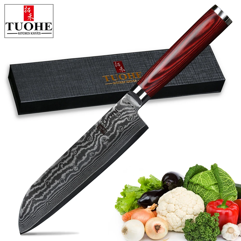 TUOHE 7 дюймовые ножи шеф повара для нарезки дамасской стали 67 слоев нож Santoku VG10
