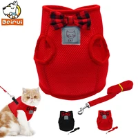 breathable cat puppy harness vest and leash set bownot durable small cats dogs vest jacket leads for kitten pet red black