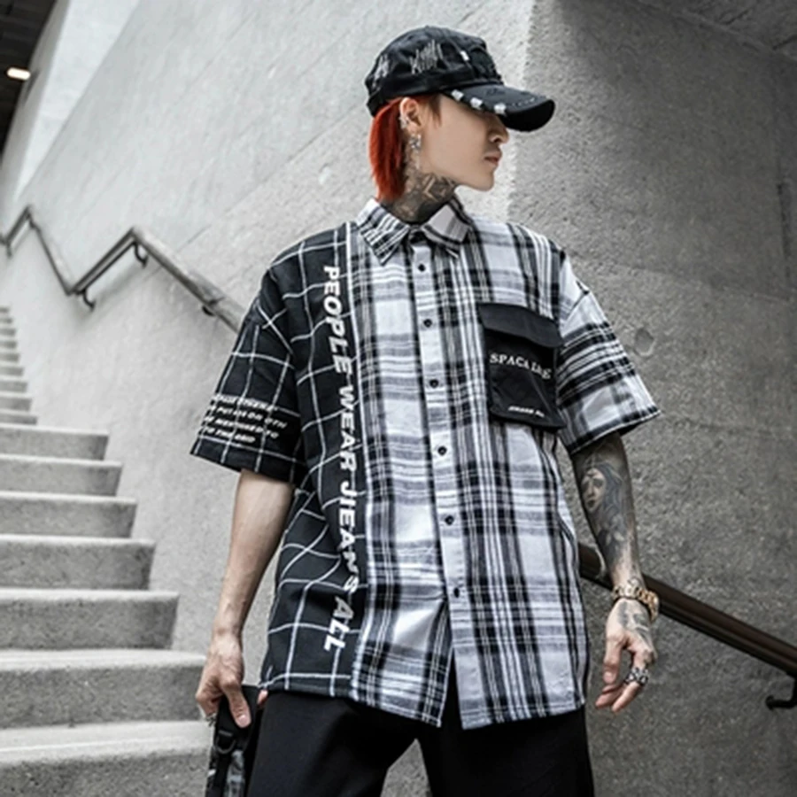 Свободная клетчатая рубашка для женщин короткий рукав лоскутное Harajuku кимоно