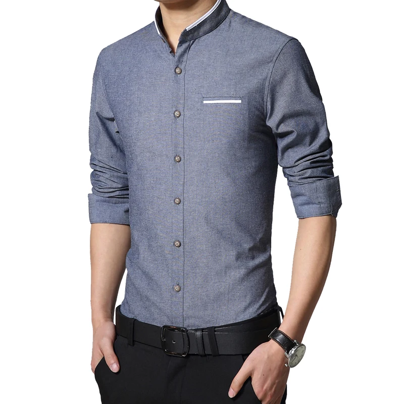 

2019 New Brand Men's Casual Shirt Long Sleeve Banded Collar Easy Care Collarless Shirts Slim Fit Dress Shirt For Men Business