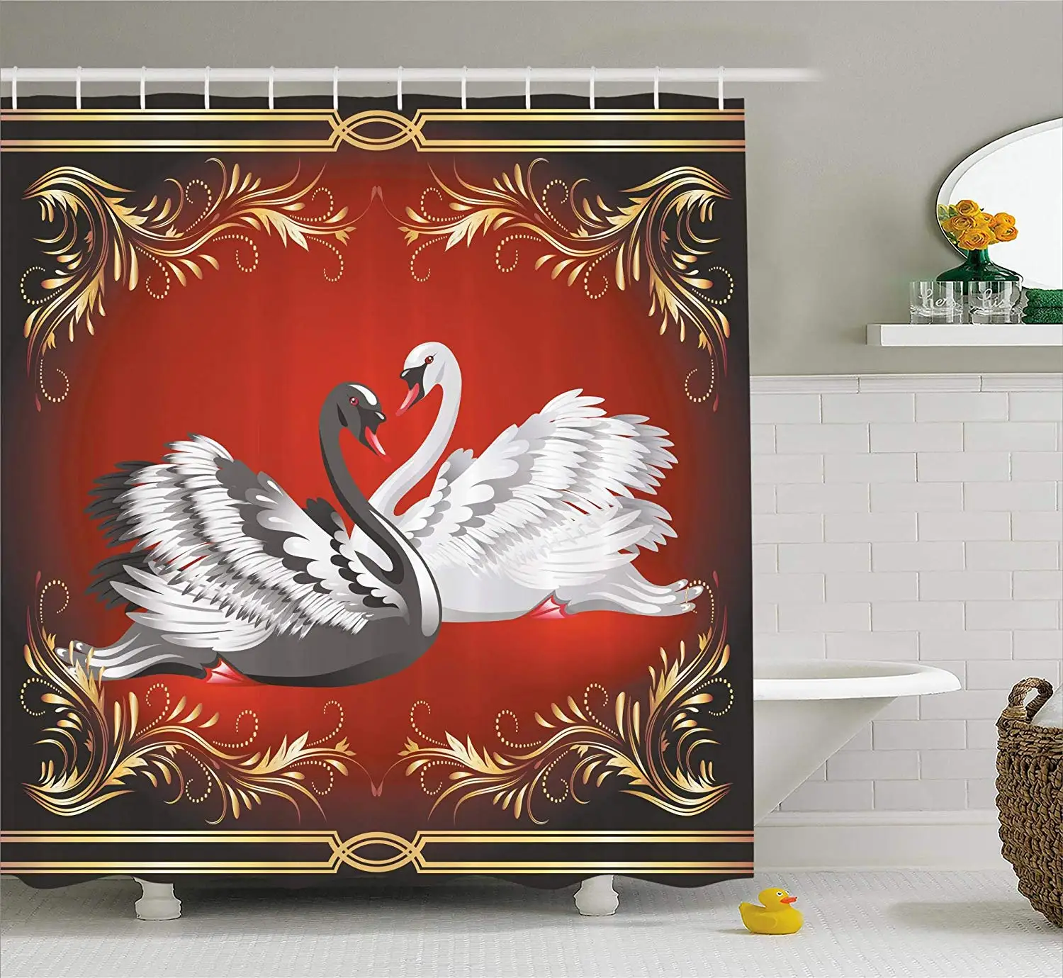 Animal Shower Curtain Black White Swan Couple Ornamental Framework Romance Grace Tenderness Purity | Дом и сад