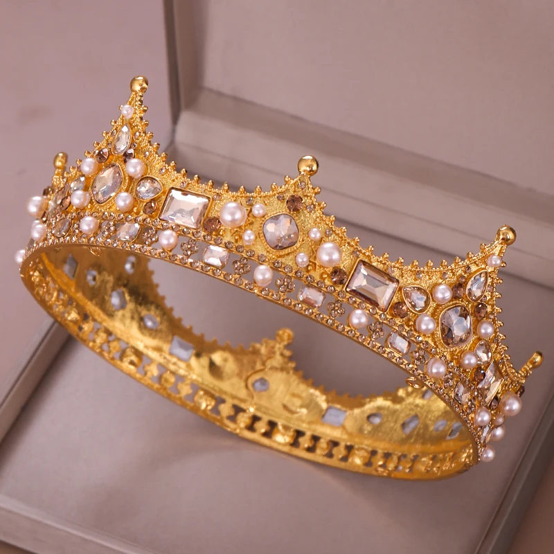 

Fashion Gold Silver Color Round Tiaras Crowns Pearl Rhinestone Diadem Elegant Queen King Wedding Hair Accessories Bridal Jewelry