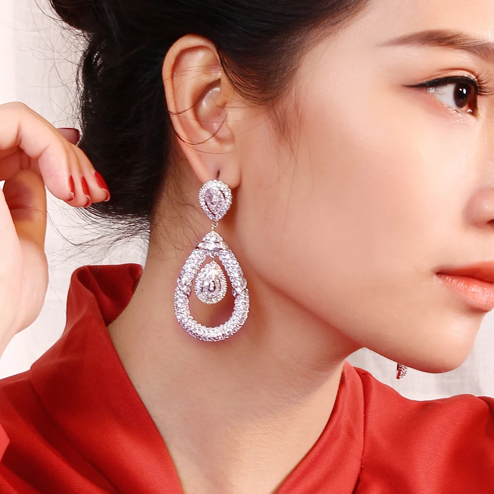 Very Big 64cm long earrings for wedding party bontique jewelry Bridal jewellery white and Gold color female large drop earring