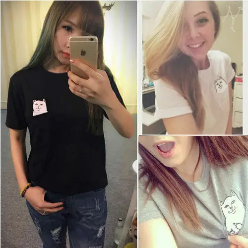 Meihuida 2019 Summer Women's Pocket Cat Cartoon Print T-Shirts Casual Loose Tops Cute Girls Top Tees | Женская одежда