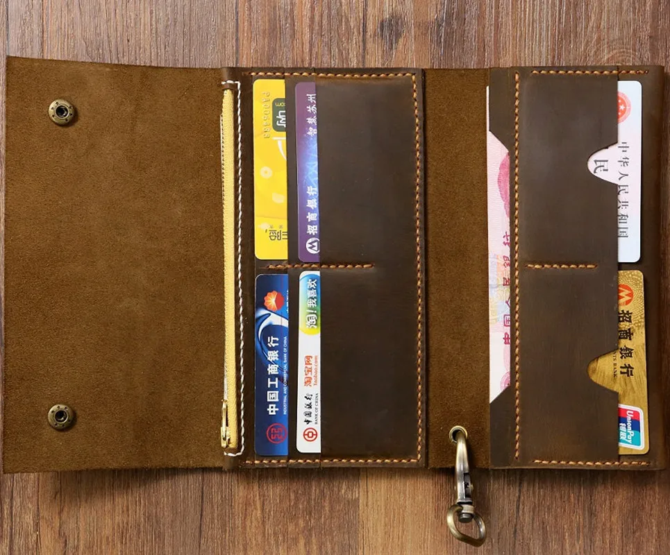 Ручного стежка деревенский винтажный кожаный мужской бумажник двойного