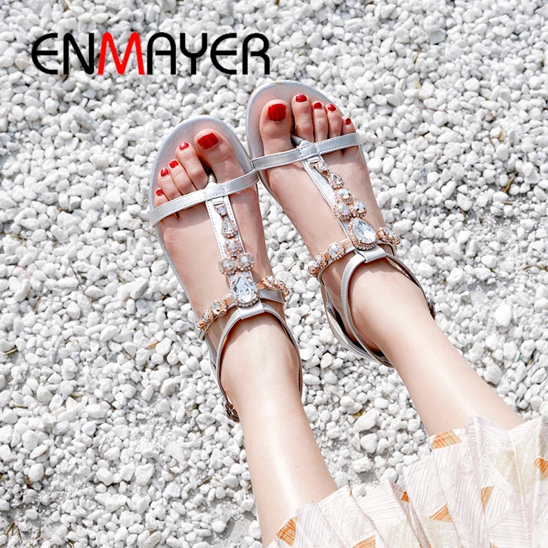 

ENMAYER Women Summer Fashion Sandals Crystal PU Gladiator Sandals Women Casual Solid Women Shoes Size 34-43 LY2481